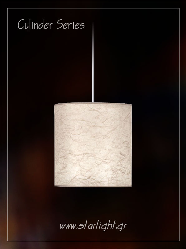 Cylindrical Pendant light fixture made of rice paper.