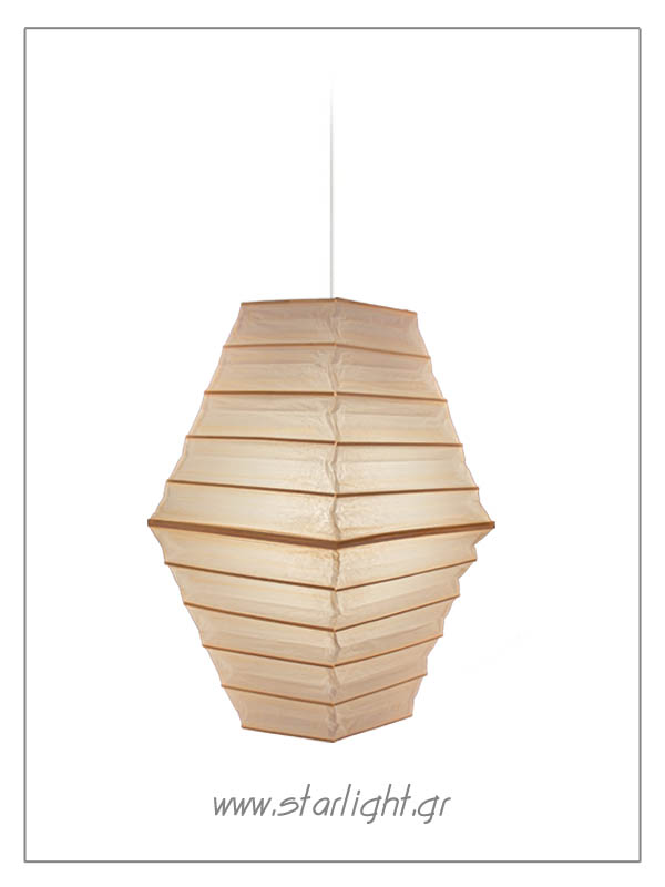 Pendant paper lantern in the shape of a pyramid.